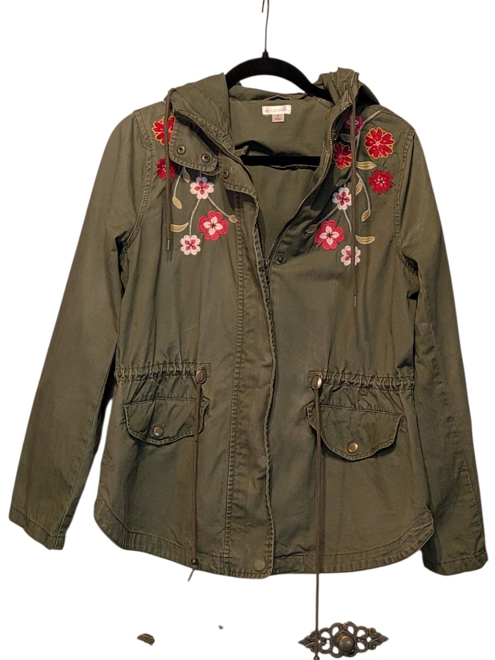 Xhilaration Olive Green Hooded Utility Jacket with Red & Pink Floral Embroidery